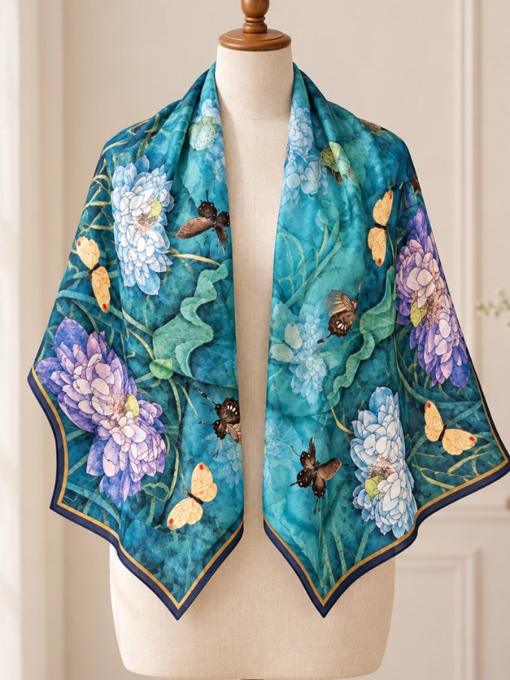 100% Silk Floral Butterfly Long Scarf – Teal Blue Botanical Print Shawl